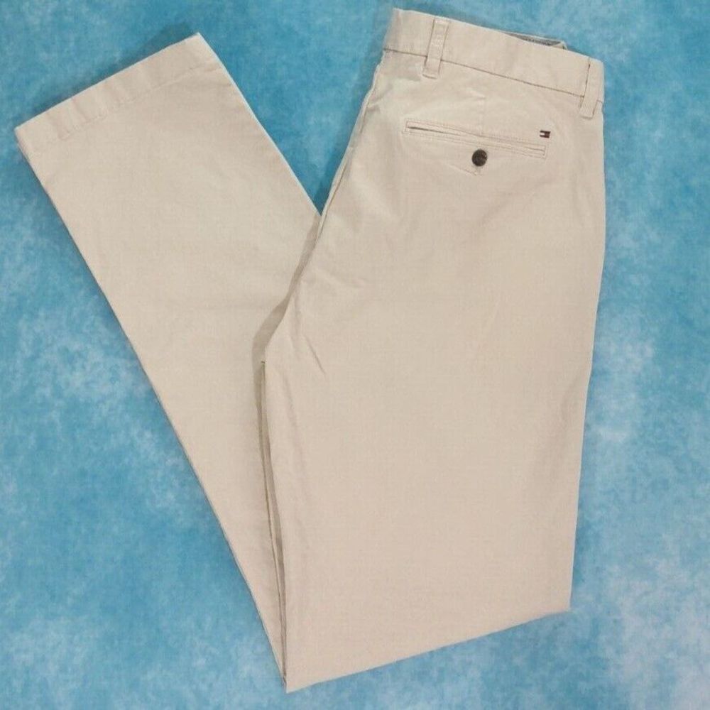 Tommy Hilfiger Custom Fit Pants, Flat Front, Beige/Khaki,Tan, Size 34W-33L